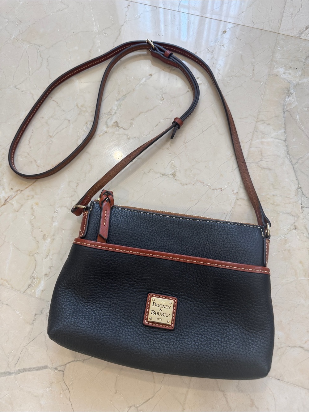 Dooney & Bourke Black Pebbled Leather Crossbody with Brown Trim